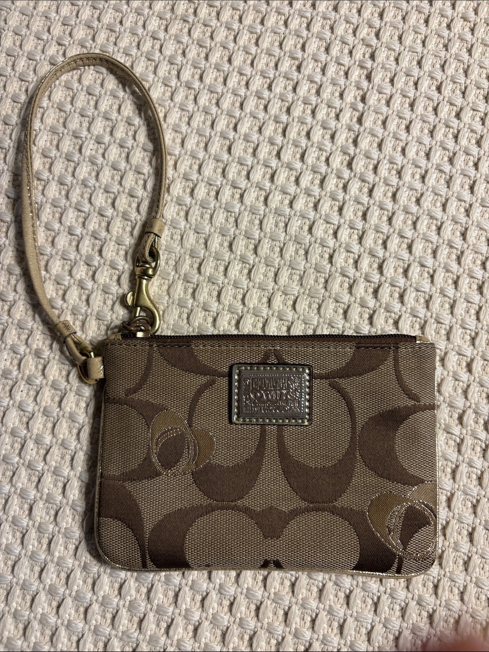 Coach Brown Signature Logo Wristlet with Metallic Accents
